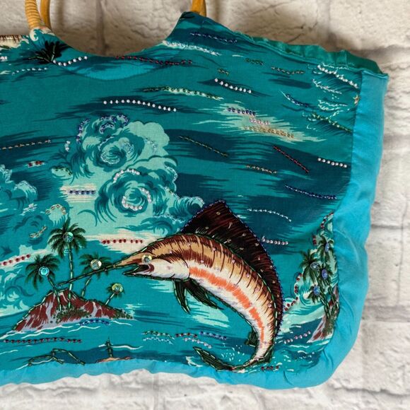 VTG Marlin Tropical Hawaiian Beaded Tote Handbag Purse Swordfish Bamboo Handles - Picture 6 of 16